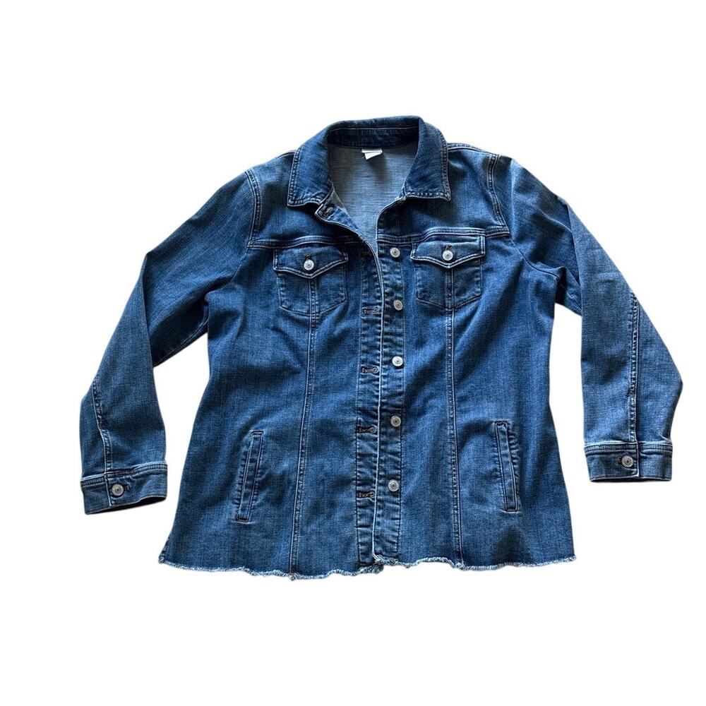 Chico's Denim Field Jacket Indigo Blue Long Button Front Women's